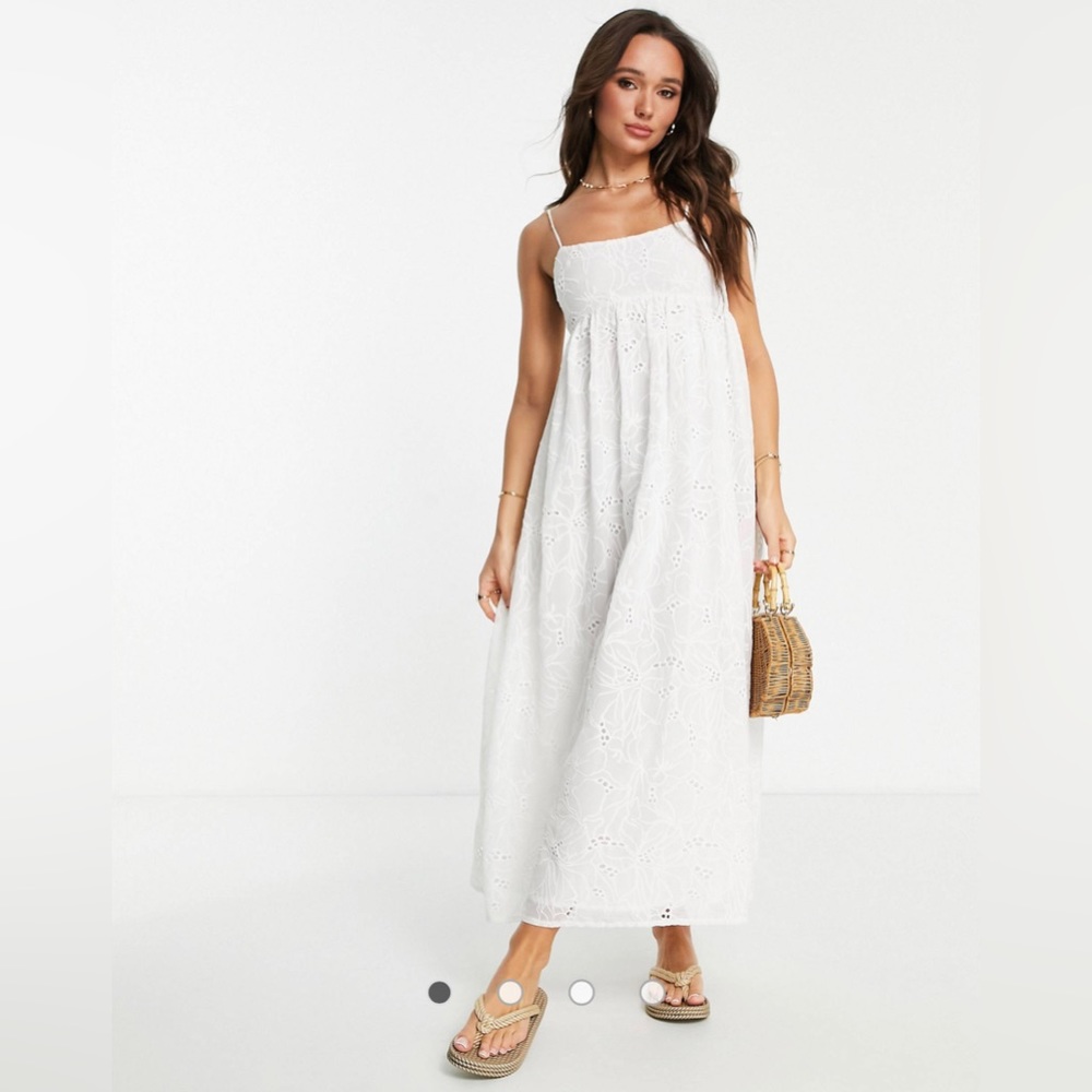 ASOS DESIGN babydoll cami maxi dress in cutwork floral organza in white